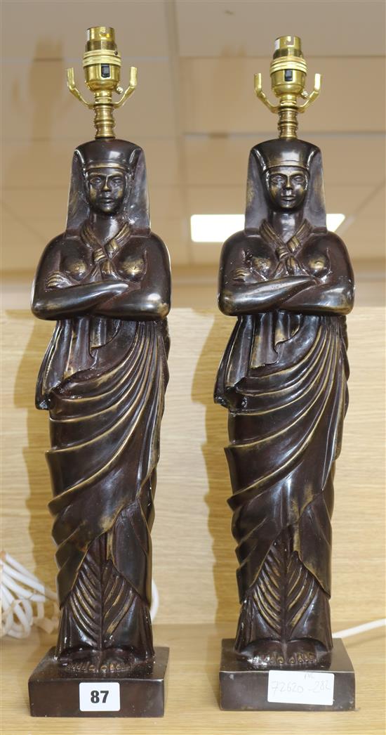 A pair of bronze table lamps, modelled as ancient Egyptians, height 57cm